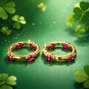 Gold Hoop Earrings with Pink Gemstones